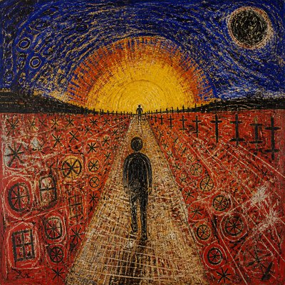 a solitary figure walking toward a glowing horizon across an empty plain, moody atmosphere, no text or lettering