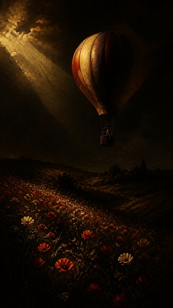 a hot air balloon drifting over rolling flower fields on a sunny day, cheerful, no text