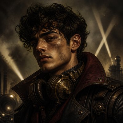 head-and-shoulders portrait of an original character: a young man with curly dark hair and headphones around his neck, plain backdrop, no text