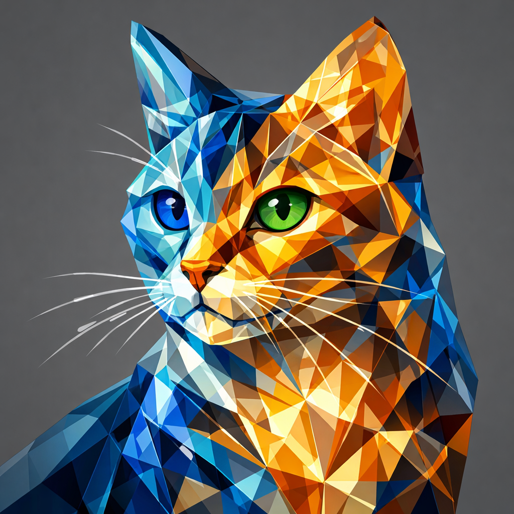 Low-poly geometric portrait of a cat's upper body facing slightly to the right, with shades of blue tones mixed with shades of. orange, brown, and golden yellow shades polygonal facets, with a large blue eye, black pupil, and subtle white highlight. The right eye is a vibrant green eye, black pupil, and white highlight. Thin white whiskers extend from the muzzle on both sides. Solid medium-gray background. Style: minimalist vector art, faceted like origami or crystal, high contrast, no outlines except subtle edges.
