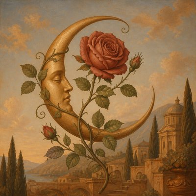 a rose entwined with a crescent moon, clean balanced composition on a plain background, no text