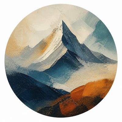 an emblem of a mountain peak inside a circle, simple bold shapes on a plain background, no text or lettering