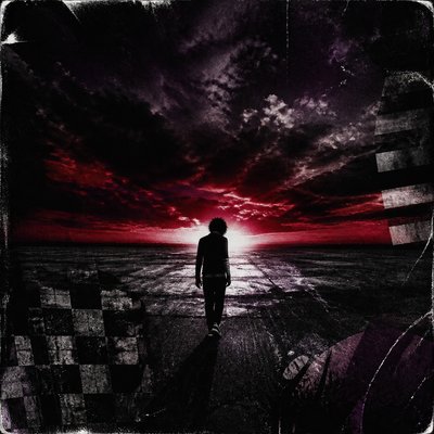 a solitary figure walking toward a glowing horizon across an empty plain, moody atmosphere, no text or lettering
