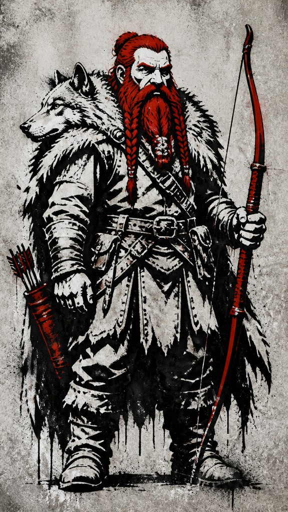 full-body original character: a dwarven ranger with a braided auburn beard, worn leather armor, a longbow and a wolf-pelt cloak, neutral background, no text