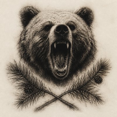 a roaring bear head above crossed pine branches, bold graphic composition on a plain background, no text