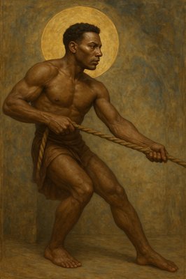 a painting of a man holding a rope