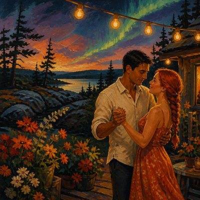 an original couple dancing under string lights in a garden at dusk: a man with short black hair in a linen shirt and a woman with braided red hair in a summer dress