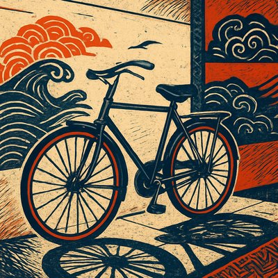 bicyle resting against a wall