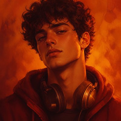 head-and-shoulders portrait of an original character: a young man with curly dark hair and headphones around his neck, plain backdrop, no text