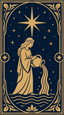 a robed figure pouring water beneath a large eight-pointed star in a night sky, symmetrical composition with an ornate decorative border, no text