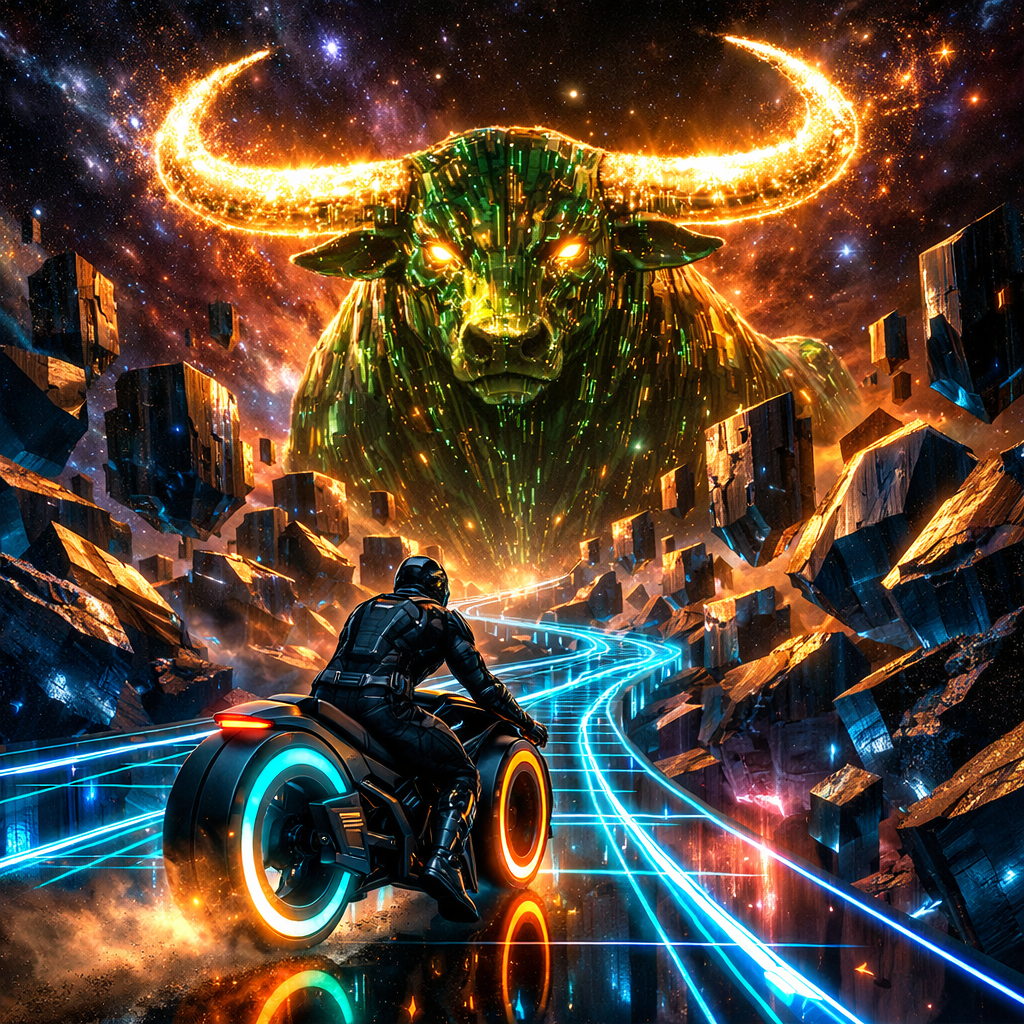 Neon-Futurism Digital Art Style, Bioluminescent Sci-Fi Cosmic Setting, Monolithic Scale. A perspective shot from behind the rider, looking toward a massive obstacle course in deep space.
The Rider & Bike Consistency: The lone motorcyclist—wearing the same sleek armored suit and helmet—is navigating the hubless "light-cycle" sportbike. The cyan and orange neon rings of the wheels reflect off the floating crystalline surfaces surrounding the road.
The Path (The Labyrinth): The glowing blue laser-grid highway enters a colossal asteroid field where the rocks are perfectly geometric, hovering like floating obsidian city blocks. The path winds through these monoliths, creating a "Cosmic Labyrinth."
The Taurus Presence: Standing at the center of this labyrinth, spanning across the highway, is the monumental form of the Celestial Bull. He is composed of dense, glowing emerald and earth-toned circuitry. His massive, forward-curving horns are made of solid, brilliant starlight and form a natural "archway" that the highway passes beneath.
The Atmosphere: The scene feels grounded and powerful. The deep greens and golds of the Taurus figure contrast with the dark, heavy shadows of the geometric asteroids.
Lighting: The "starlight horns" cast a warm, heavy glow downward onto the rider, illuminating the dust of crushed nebulae kicked up by the bike’s tires.