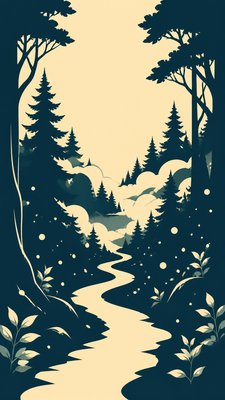 a mysterious forest path with fireflies and drifting mist, atmospheric vertical composition with open space at the top, no text
