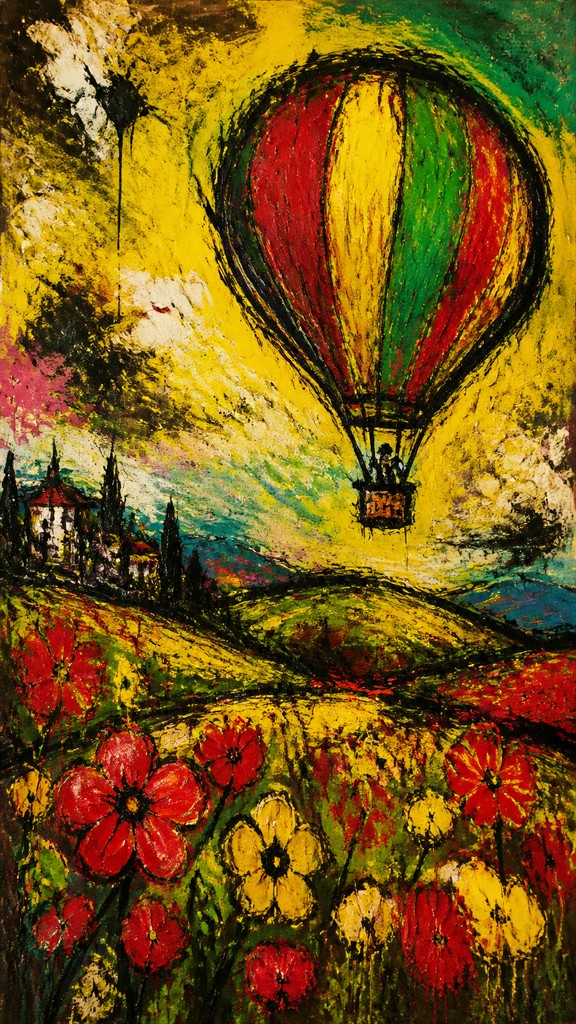 a hot air balloon drifting over rolling flower fields on a sunny day, cheerful, no text