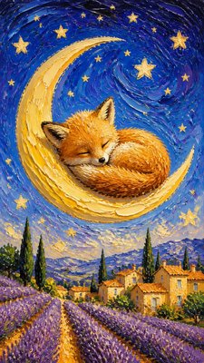 a sleeping baby fox curled on a crescent moon among soft stars, gentle and warm, no text