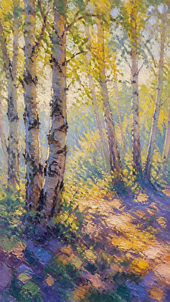 a serene birch forest in soft morning light, no people, no text