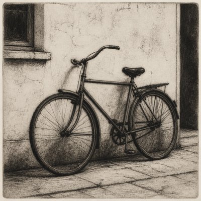 bicyle resting against a wall