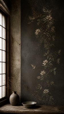a climbing vine of flowers and hummingbirds on a dark background, tall wrapping composition, no text