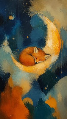 a sleeping baby fox curled on a crescent moon among soft stars, gentle and warm, no text