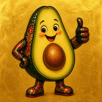 a happy avocado character giving a thumbs up, bold readable design on a plain background, no text