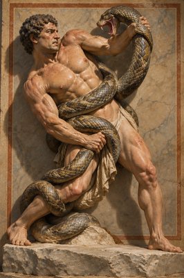 a statue of a man holding a snake