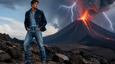 an erupting volcano with lightning strikes, dramatic wide composition, no text
