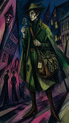 full-body original character: a wandering botanist with a satchel of plants, a patched green cloak, tall boots and round glasses, neutral background