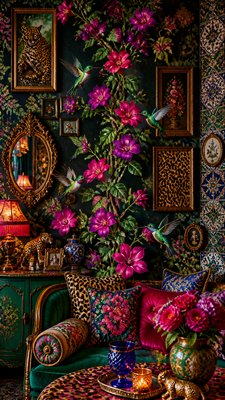 a climbing vine of flowers and hummingbirds on a dark background, tall wrapping composition, no text