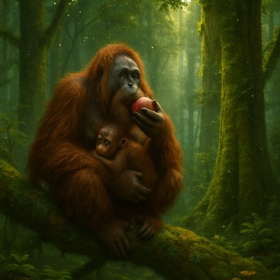 A hyper-realistic orangutan sitting in a lush Borneo rainforest tree, cradling its baby, eating a big juicy fig, surrounded by trees adorned with shimmering glitter sparkles, extreme detail, cinematic lighting, vibrant colors, misty atmosphere