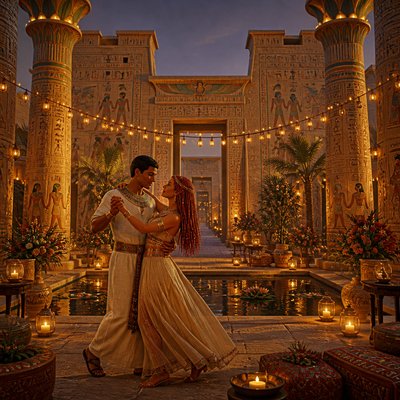 an original couple dancing under string lights in a garden at dusk: a man with short black hair in a linen shirt and a woman with braided red hair in a summer dress