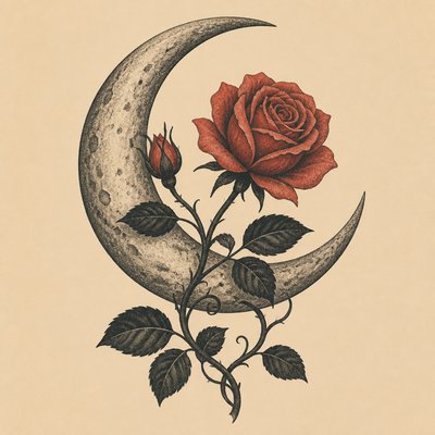 a rose entwined with a crescent moon, clean balanced composition on a plain background, no text