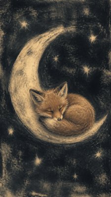 a sleeping baby fox curled on a crescent moon among soft stars, gentle and warm, no text