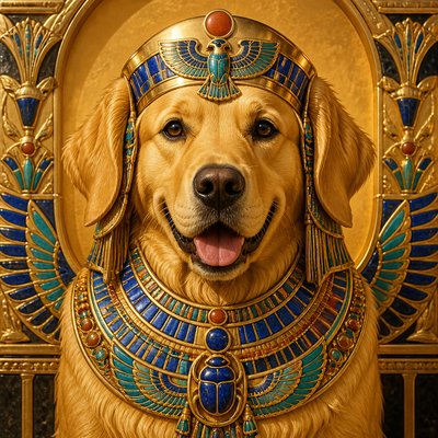 portrait of a golden retriever wearing a blue bandana, warm plain backdrop, no text