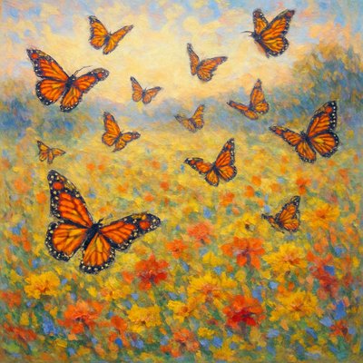 Butterflies migrating across a fall meadow in the morning light with a light breeze swaying them upon the fall flowers