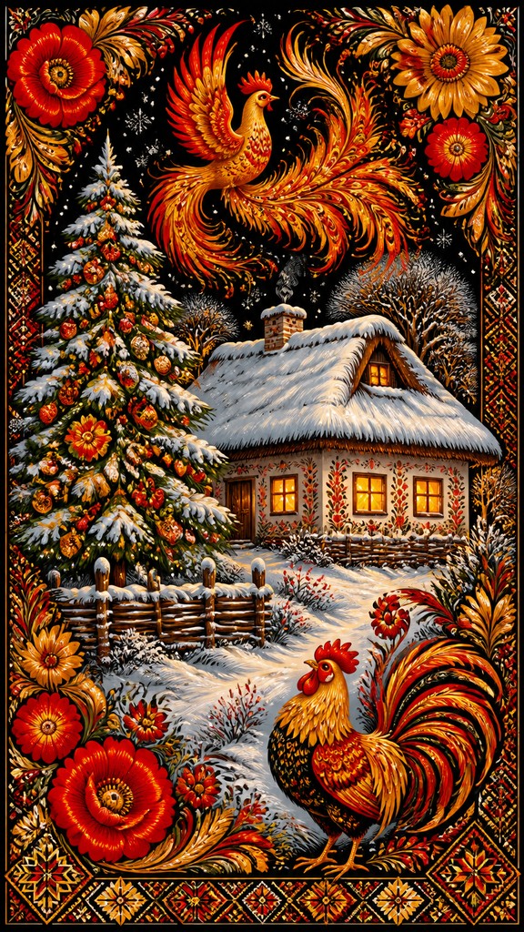 a snow-covered cottage with warm glowing windows beside a decorated pine tree, gentle snowfall, no text