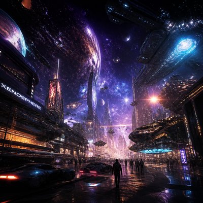 urban street with city activity — Space Opera Sci-Fi Art