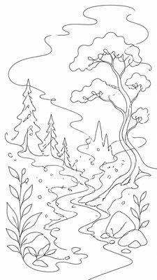 a mysterious forest path with fireflies and drifting mist, atmospheric vertical composition with open space at the top, no text
