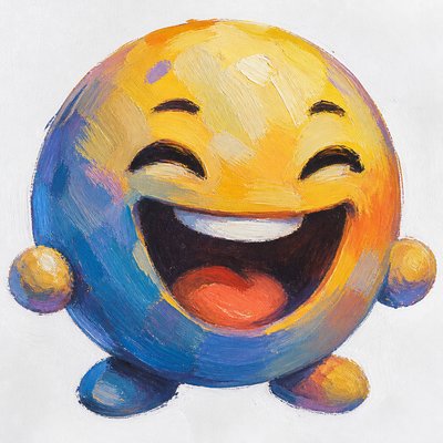 an exaggerated laughing face of an original round mascot character, bold and readable at small size, plain background, no text