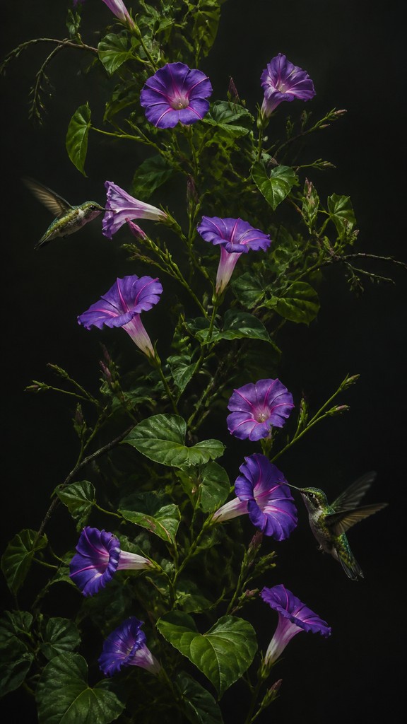a climbing vine of flowers and hummingbirds on a dark background, tall wrapping composition, no text