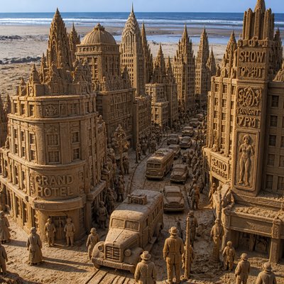 urban street with city activity — Sand Sculpture Style