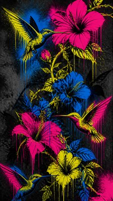a climbing vine of flowers and hummingbirds on a dark background, tall wrapping composition, no text