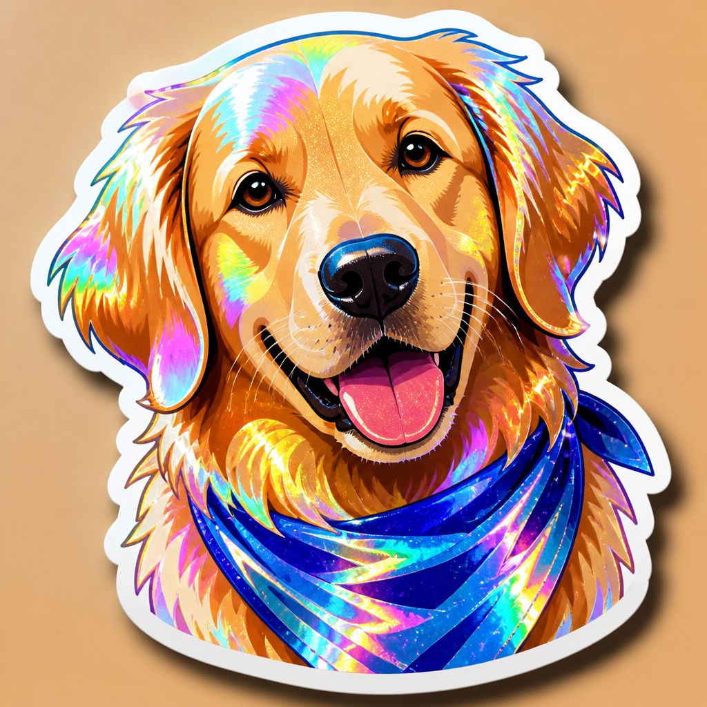 portrait of a golden retriever wearing a blue bandana, warm plain backdrop, no text