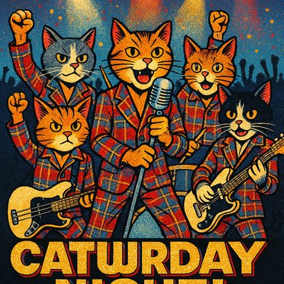 A band of five anthropomorphic cats, depicted as the "Bay City Rollers," performing on a brightly lit stage. They are dressed in matching tartan suits, reminiscent of the band's iconic style. Each cat has expressive facial features, conveying a sense of rock-and-roll energy.

The central cat is the lead singer, holding a vintage microphone and wearing a striking tartan suit. To his left, another cat plays a bass guitar. To his right, another cat stands with drumsticks, ready to play. Two other cats complete the band, striking poses with their fists raised in the air, embodying the energetic performance style of the Bay City Rollers.

In the background, a large, enthusiastic crowd of blurred, indistinct figures is cheering, illuminated by stage lights. Above the stage, spotlights shine down. The stage itself is dark, allowing the cats and their instruments to stand out.

At the bottom of the image, in large, bold, sparkly letters, is the text "CATURDAY NIGHT!" The overall style is vibrant, fun, and captures the retro pop essence of the 1970s.