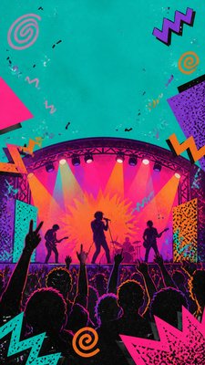 a live music scene with a glowing stage and silhouetted crowd, energetic vertical composition with open space at the top, no text