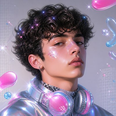head-and-shoulders portrait of an original character: a young man with curly dark hair and headphones around his neck, plain backdrop, no text