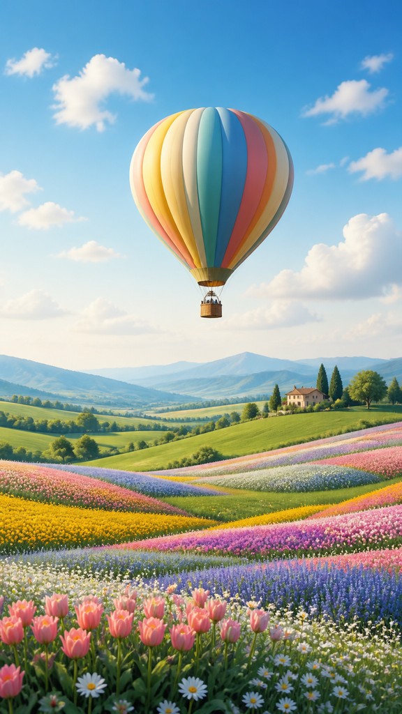 a hot air balloon drifting over rolling flower fields on a sunny day, cheerful, no text