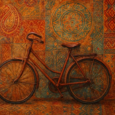 bicyle resting against a wall