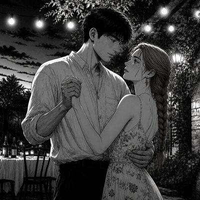 an original couple dancing under string lights in a garden at dusk: a man with short black hair in a linen shirt and a woman with braided red hair in a summer dress