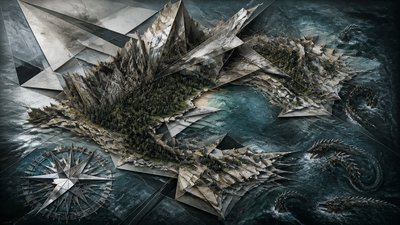 a map of an island realm with mountains, forests, a sheltered bay, sea monsters in the water and a compass rose, no text labels