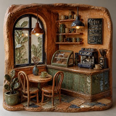 cozy cafe interior with warm lighting