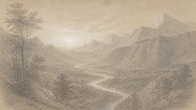a vast valley with a river winding toward distant mountains at sunrise, no people, no text